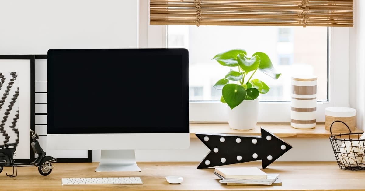 Desk with computer and plant