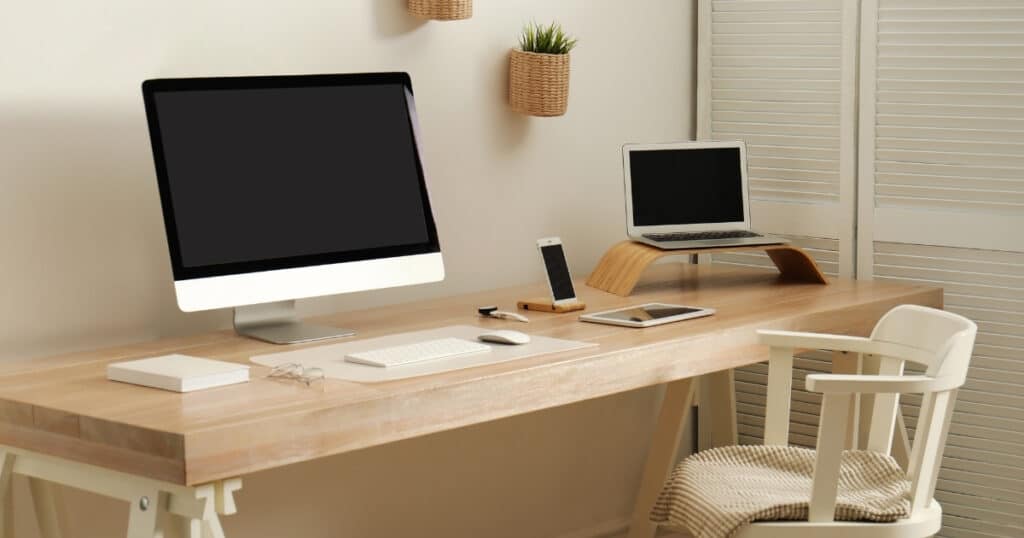 Desk with two computers for working from home